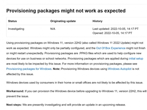 微软警告IT管理员关于Windows 11 2022更新(22H2)的.ppkg预配包被破坏了